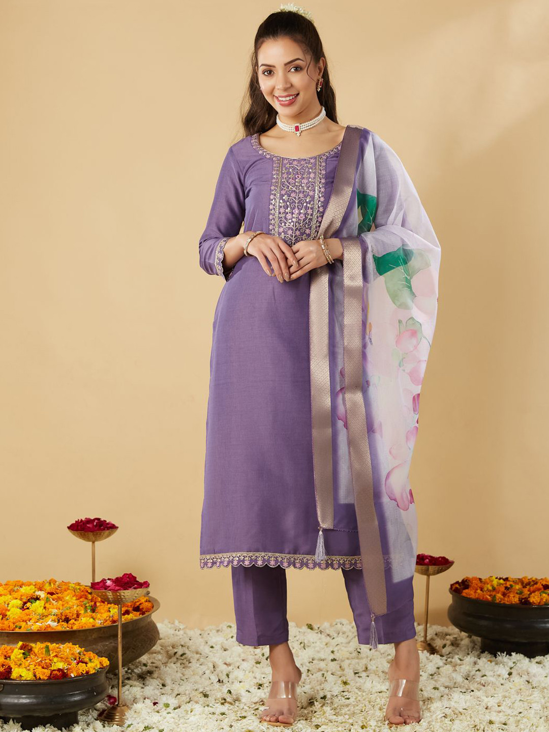 

J Turritopsis Floral Embroidered Sequinned Kurta With Trousers & Dupatta, Purple