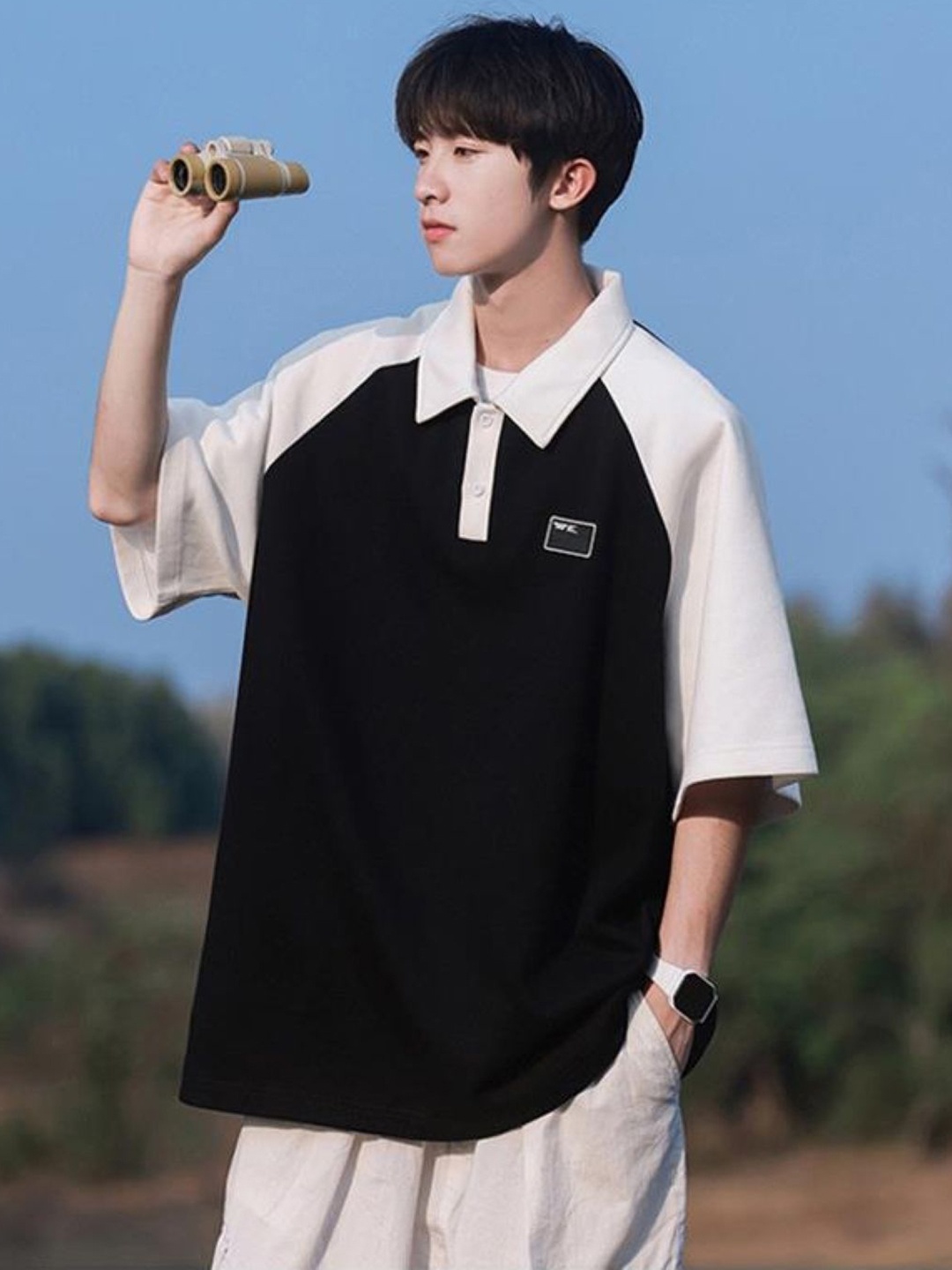 

HERE&NOW Men Colourblocked Polo Collar Oversized T-shirt, Black