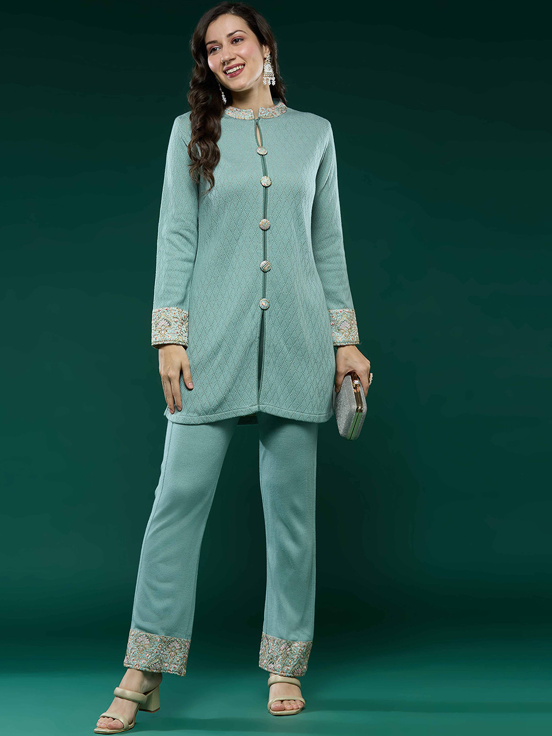 

Peachmode Woven Design Woolen Tunic With Trouser, Green