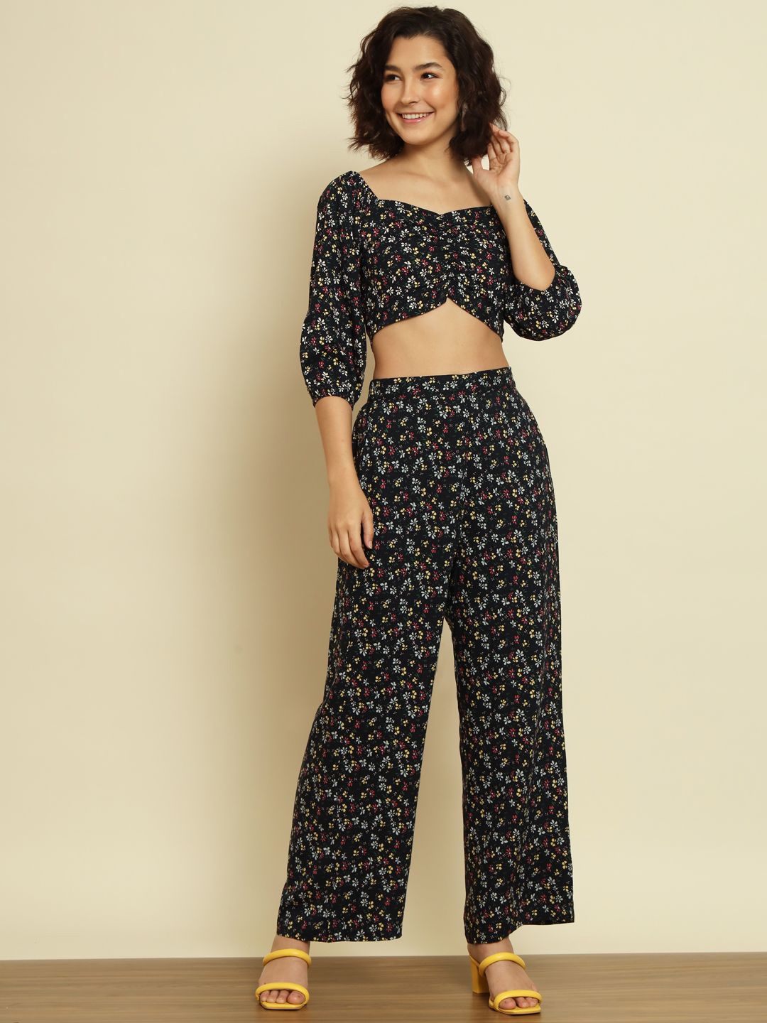 

BAESD Floral Printed Sweetheart Neck Top With Trousers, Black