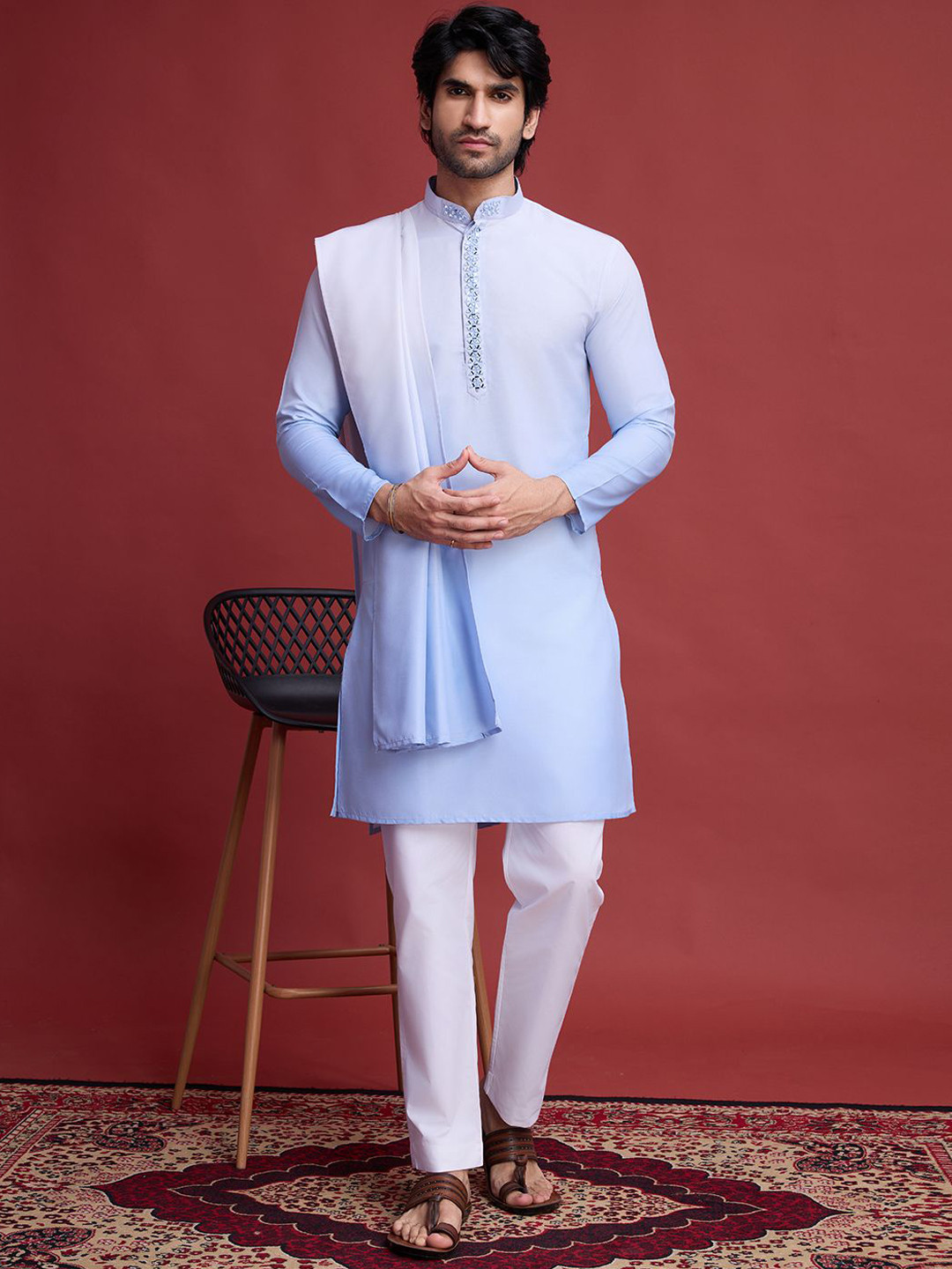 

SHUBHVASTRA Mandarin Collar Mirror Work Ombre Straight Kurta & Dupatta, Blue