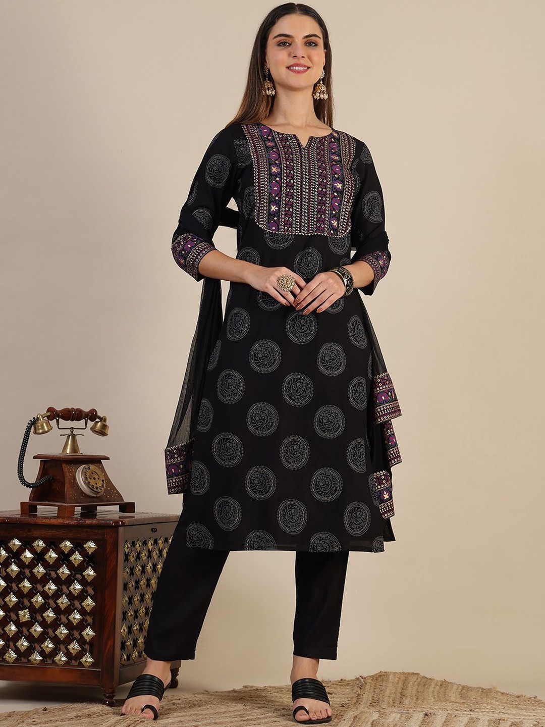 

KALINI Ethnic Motifs Printed Regular Straight Kurta with Trousers & Dupatta, Black