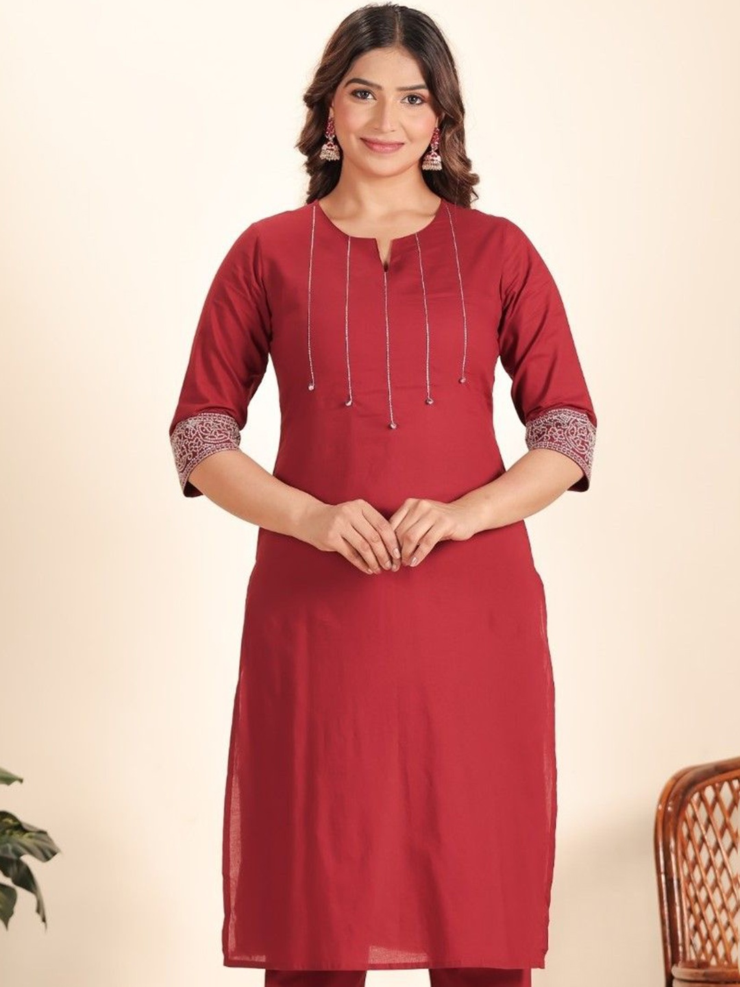 

Aramya Thread Work Soft Cotton Straight Kurta, Maroon