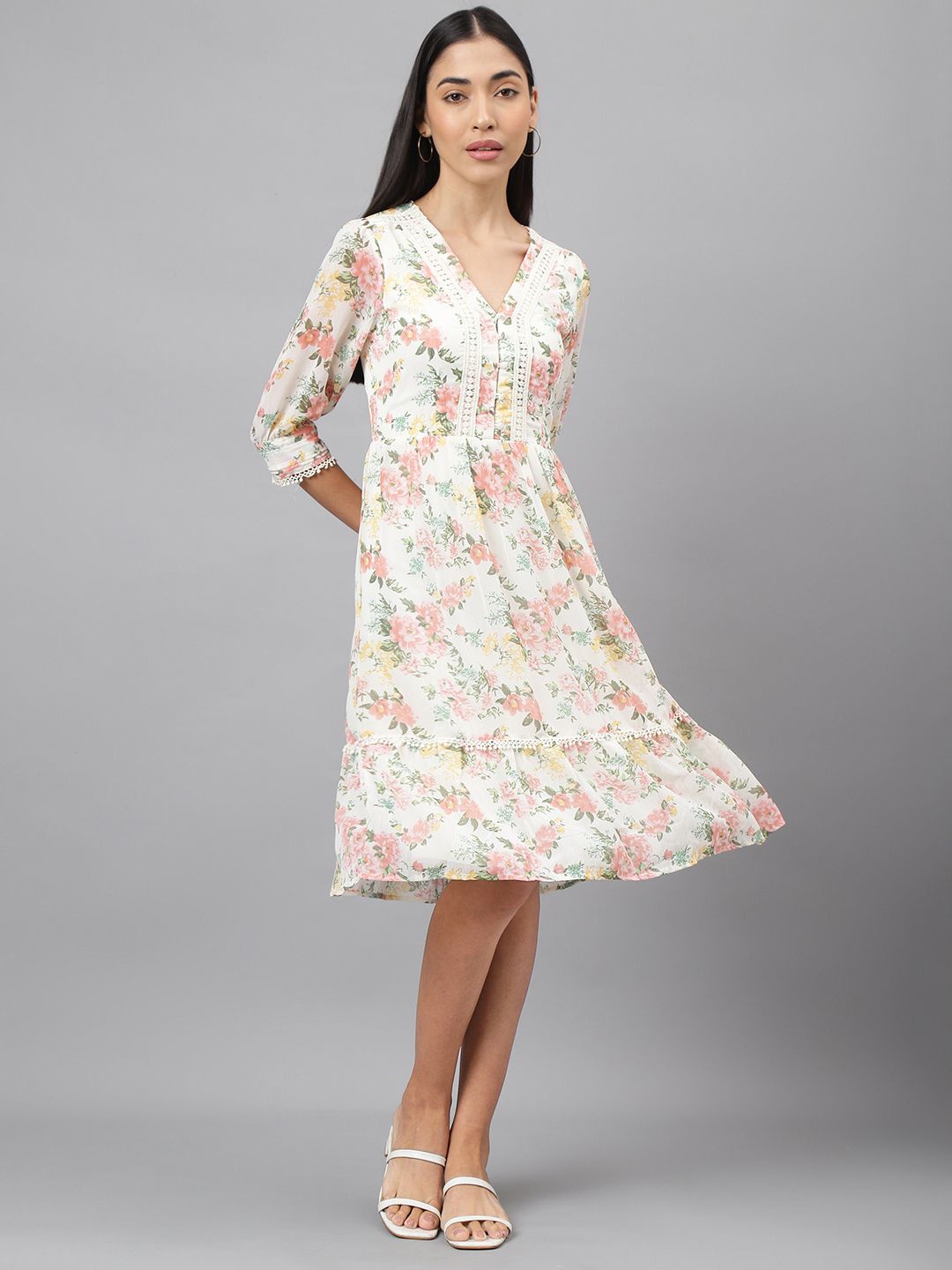 

Latin Quarters Women Floral Printed Fit and Flare Dress, White