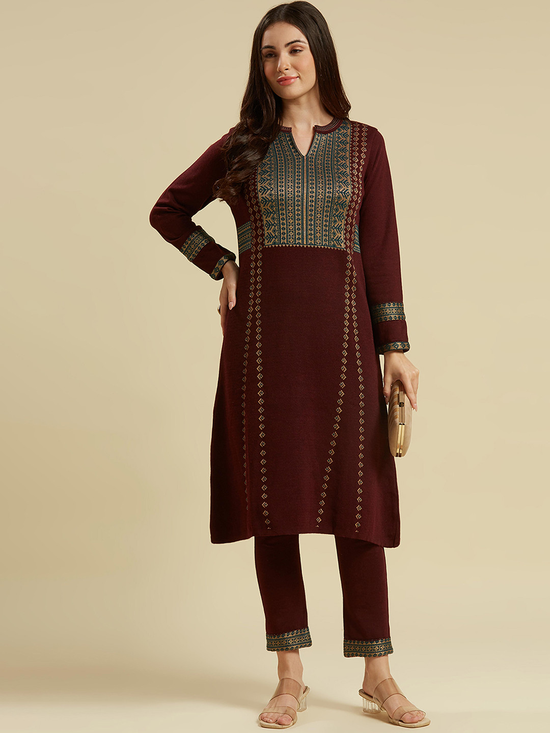 

Peachmode Ethnic Motifs Thread Work Pure Wool Top with Trouser, Maroon