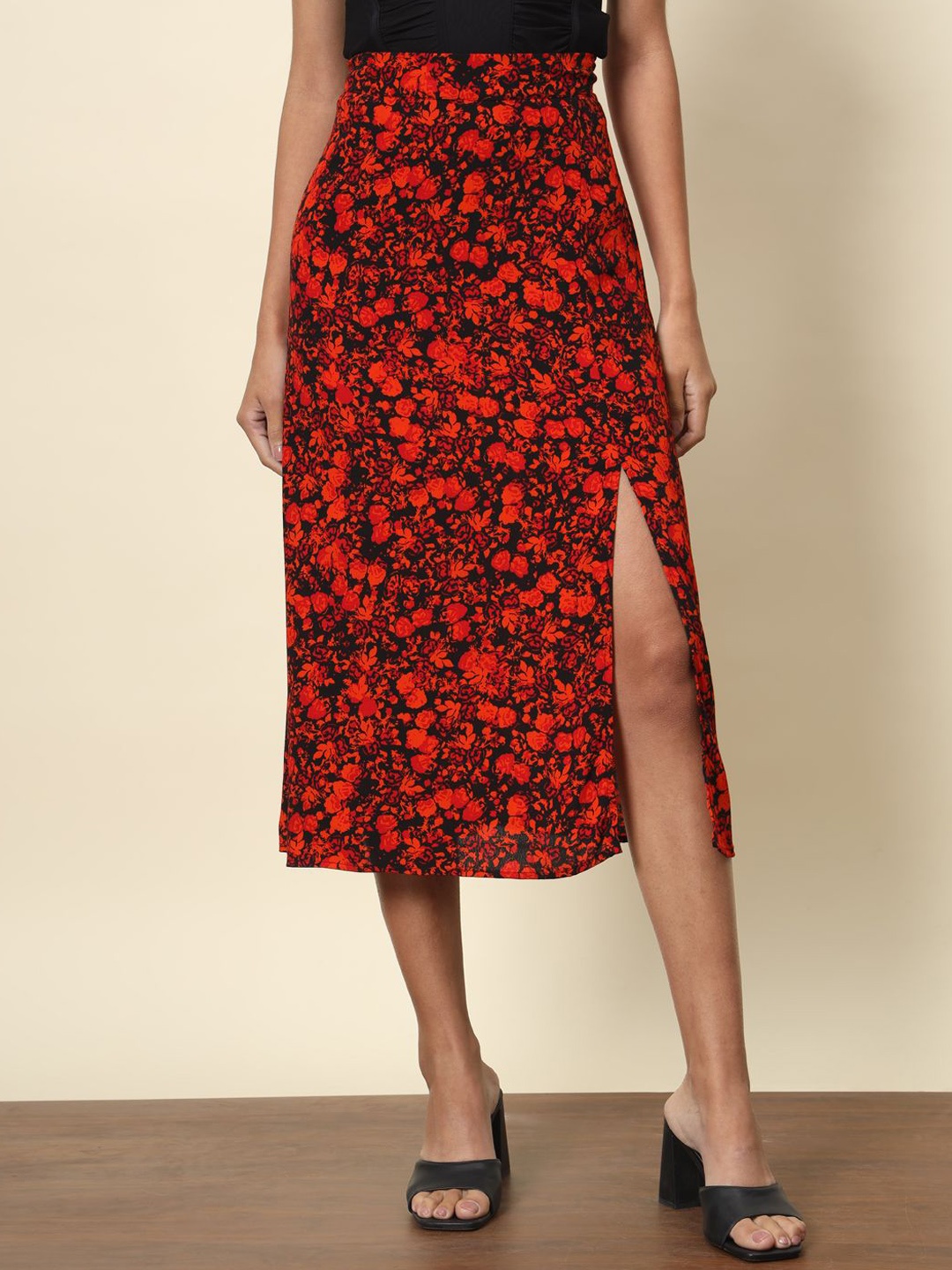 

BAESD Floral Printed A-line Midi Skirts, Red