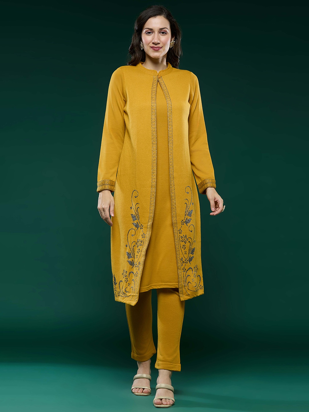 

Peachmode Floral Thread Work Pure Wool Kurta with Trouser, Mustard