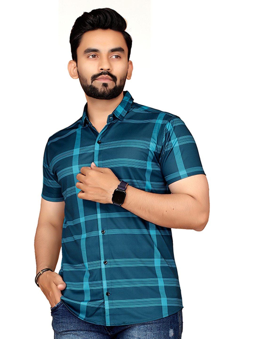 

STI Men Checked Short Sleeves Classic Slim Fit Casual Shirt, Teal