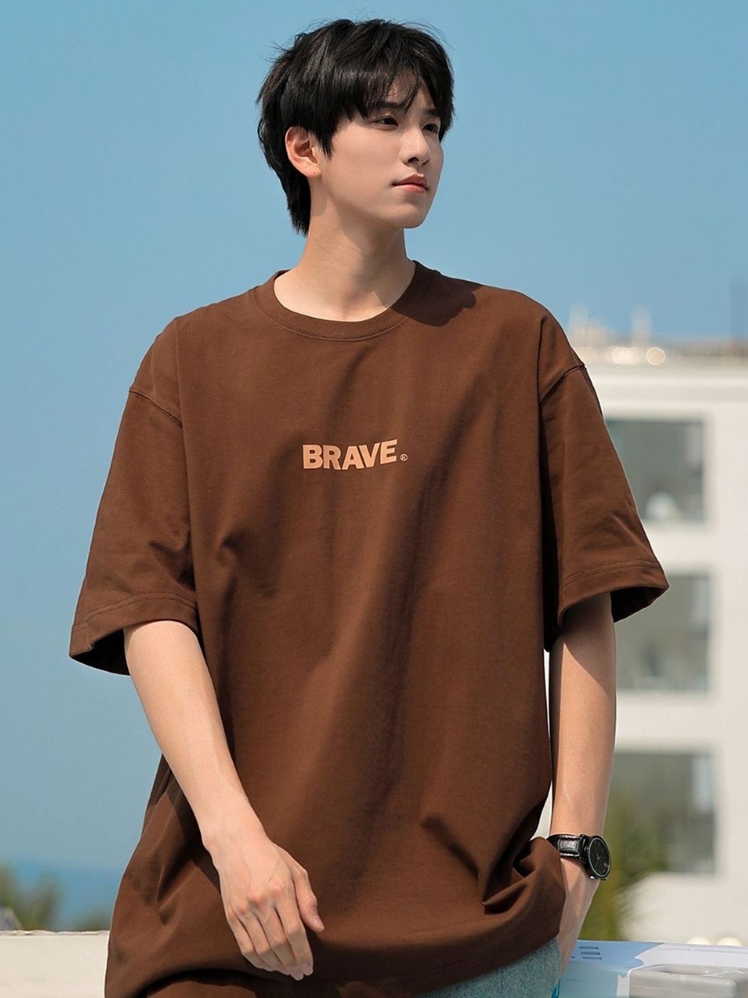 

HERE&NOW Men Typography Printed Round Neck Cotton Oversized T-shirt, Brown