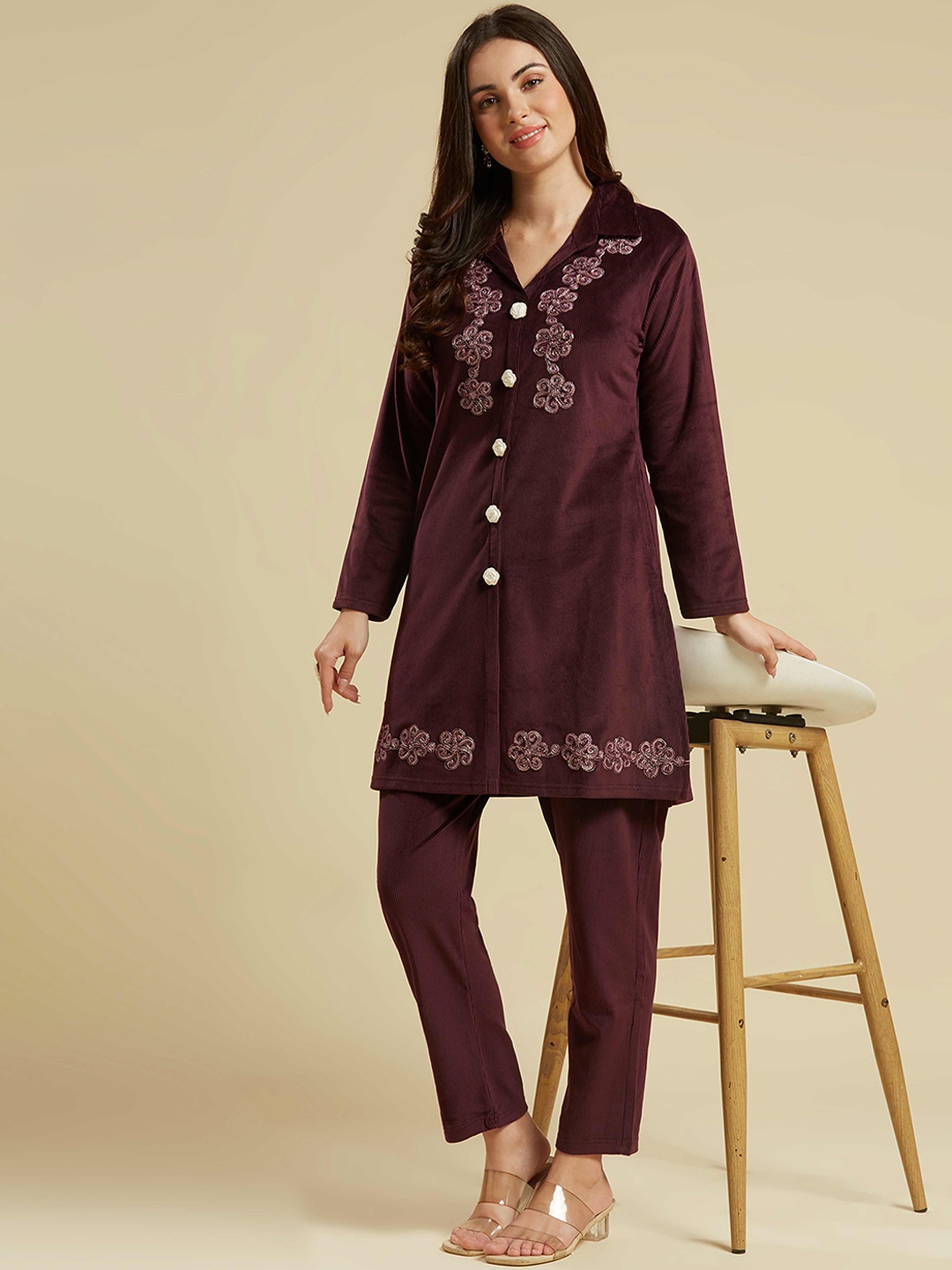 

Peachmode Floral Embroidered Thread Work Velvet Top with Trouser, Maroon