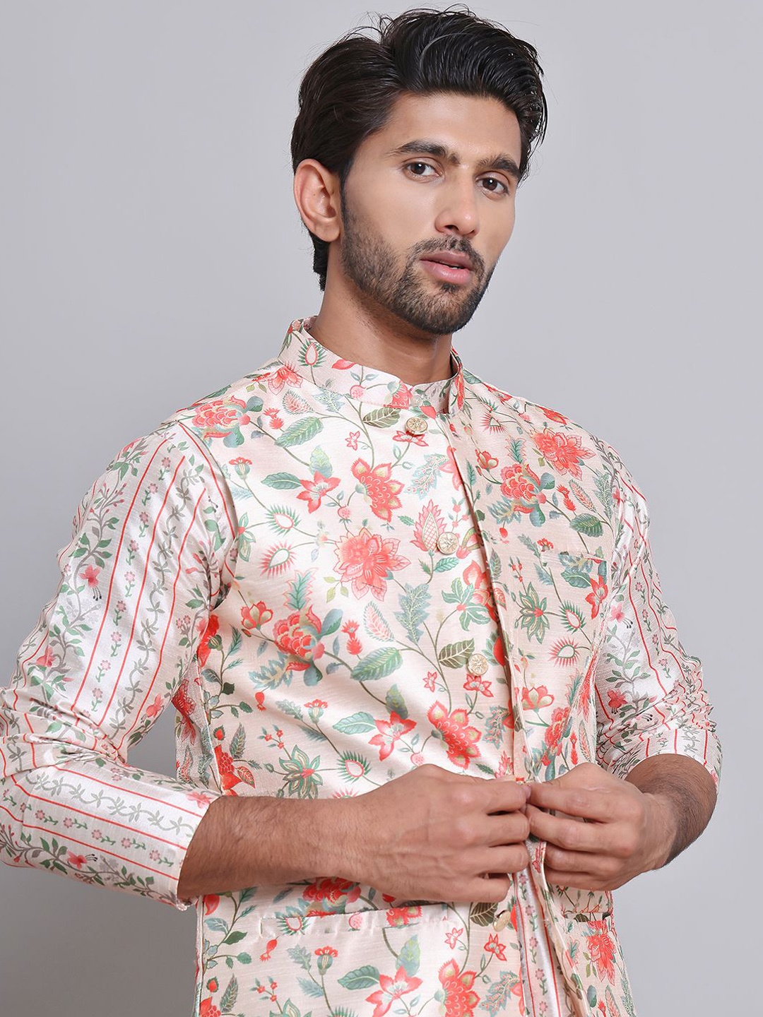 

Jompers Men Floral Printed Nehru Jacket, Beige