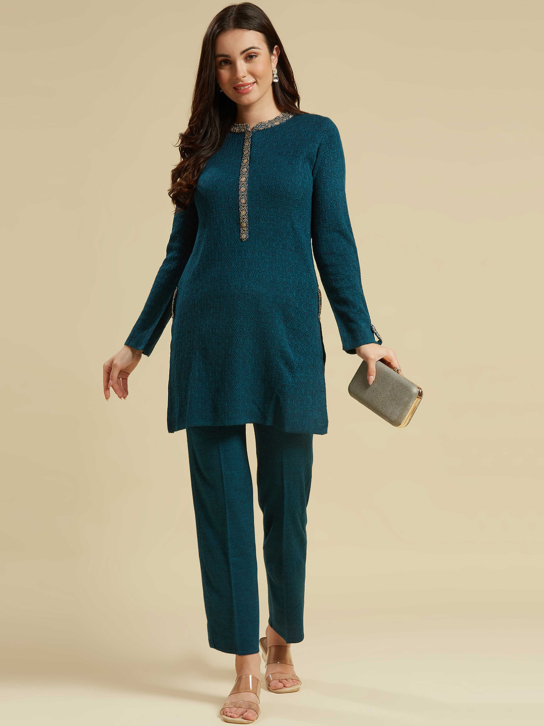 

Peachmode Floral Pure Wool Top with Trouser, Teal