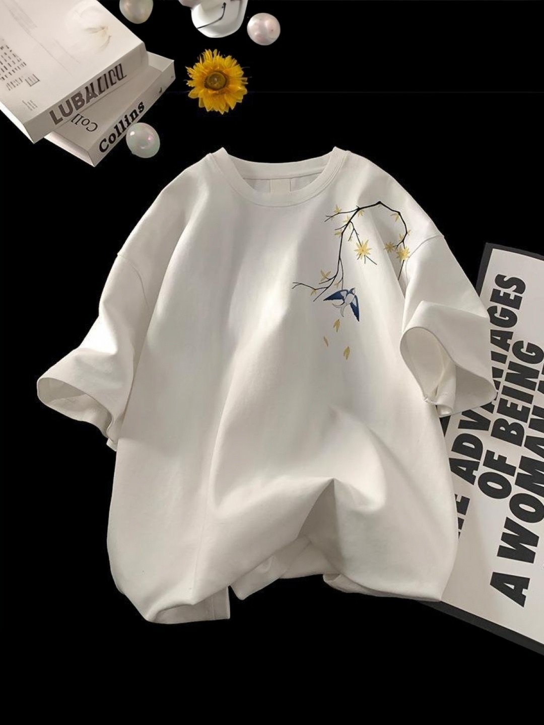 

HERE&NOW Men Floral Printed Round Neck Cotton Oversized T-shirt, White