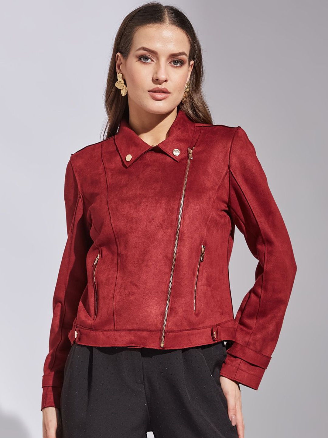 

Latin Quarters Women Spread Collar Solid Casual Biker Jacket, Maroon