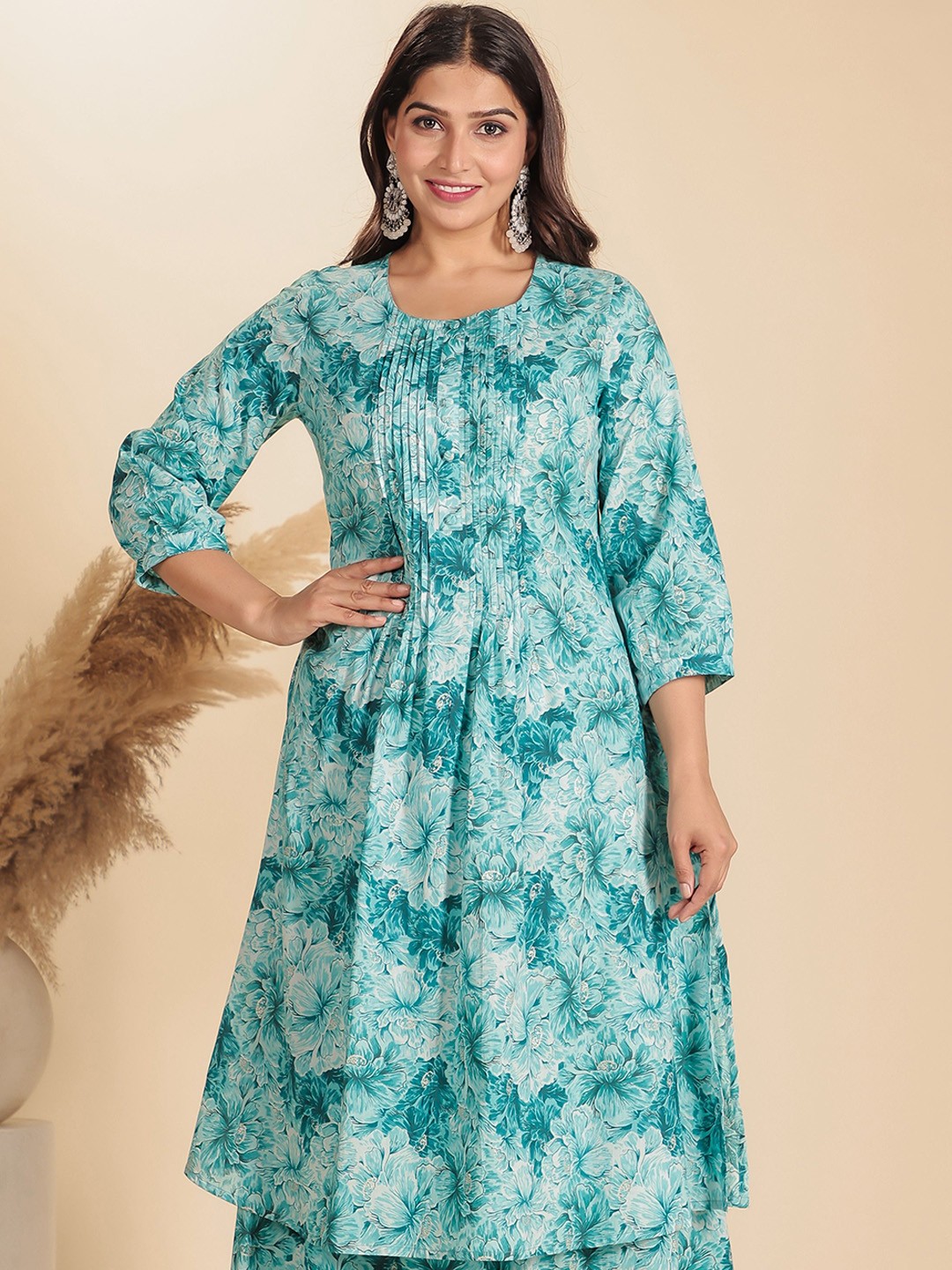 

Aramya Floral Printed Pleated Soft Cotton A-Line Kurta, Blue
