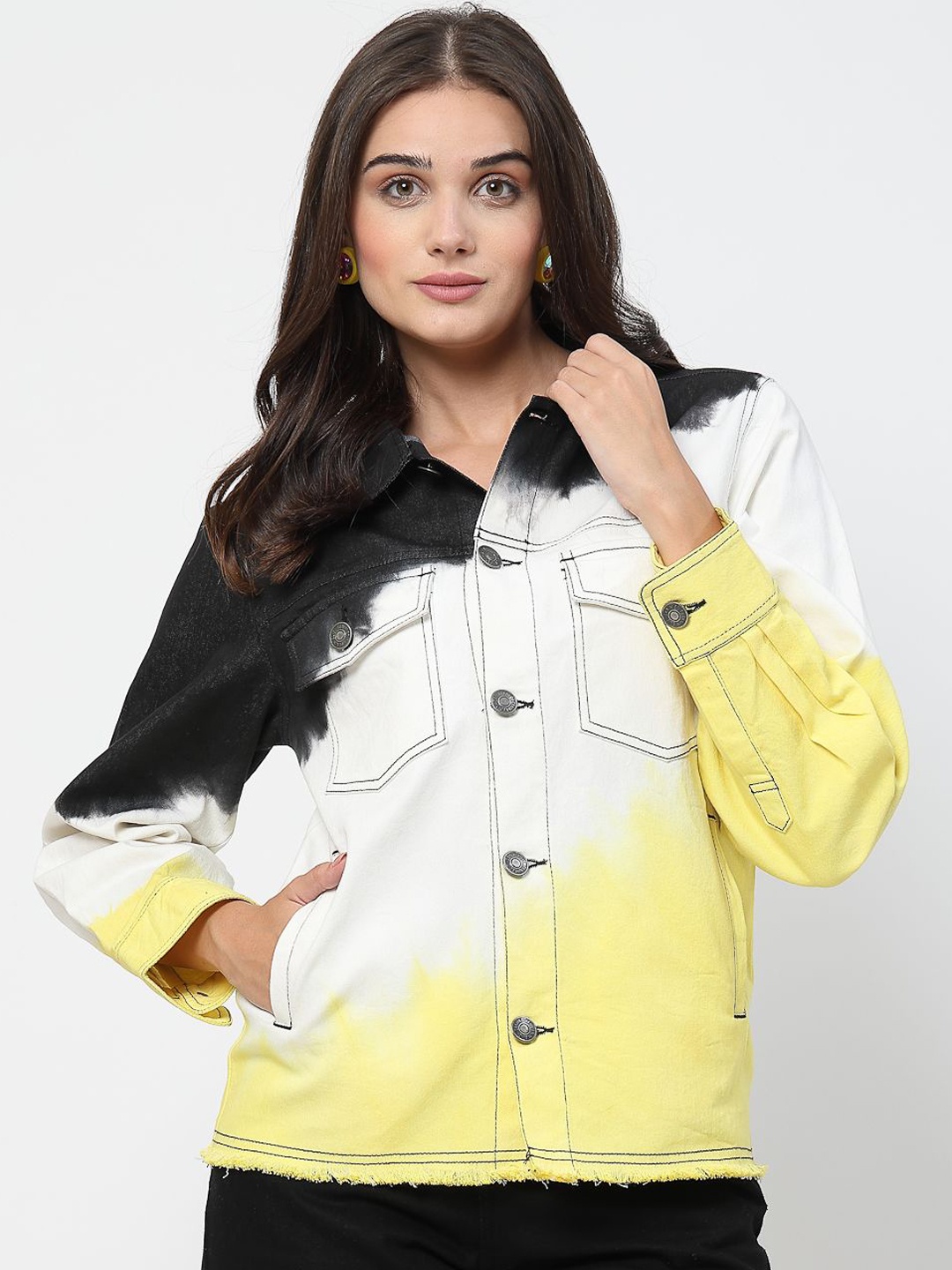 

COSMIC TRIO Women Spread Collar Ombre Self Design Cotton Casual Denim Jacket, Black