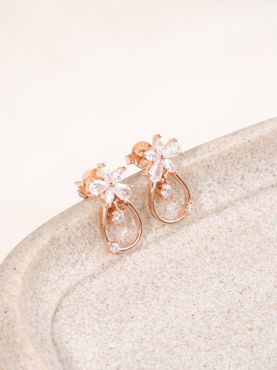 

GLYTERS Petalled Poise Rose Gold Plated Zircon Studded Contemporary Stud Earrings