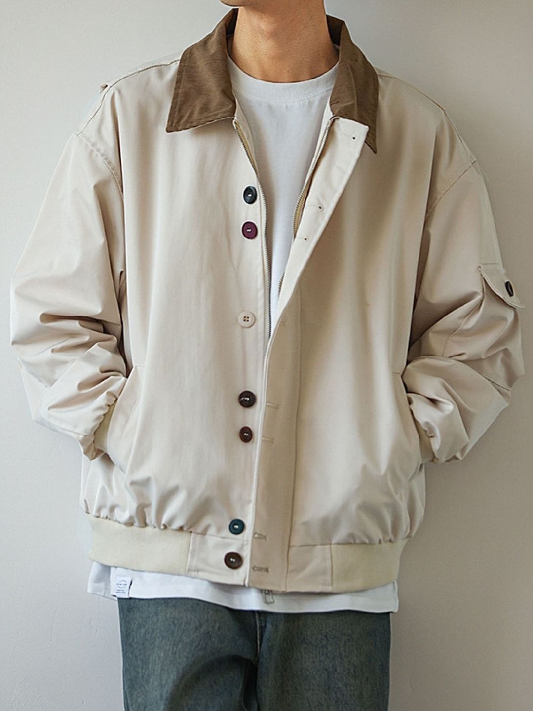 

HERE&NOW Men Spread Collar Solid Casual Bomber Jacket, Khaki