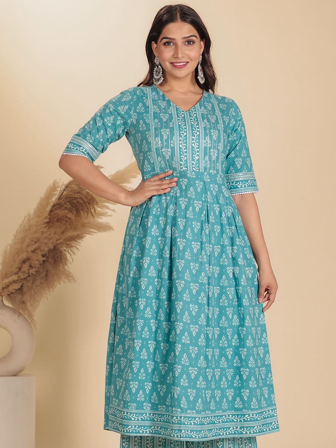 

Aramya Floral Block Printed Sequinned V-Neck Anarkali Soft Cotton Kurta, Blue