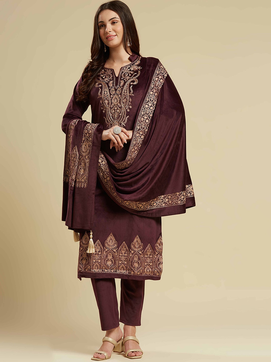 

Peachmode Floral Embroidered Beads and Stones Velvet Kurta with Trouser & Dupatta, Maroon