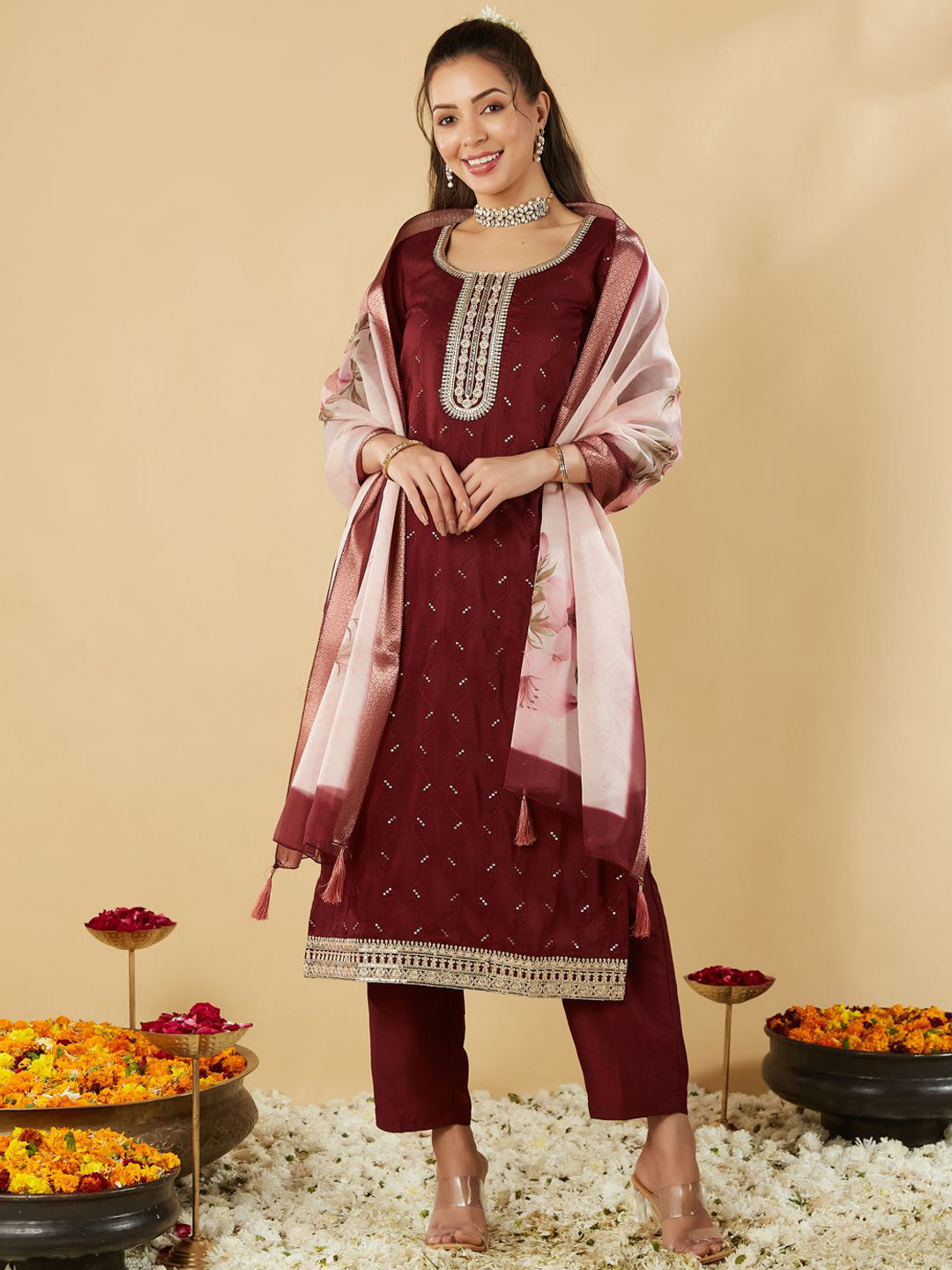 

J Turritopsis Floral Embroidered Sequinned Kurta With Trousers & Dupatta, Maroon