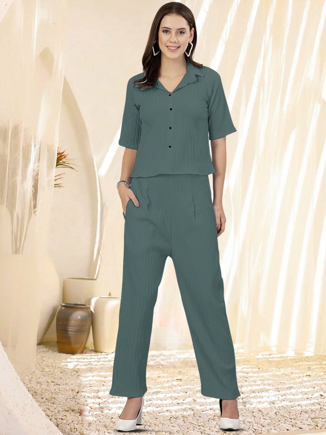 

BAESD Striped Crop Shirt With Trouser, Teal