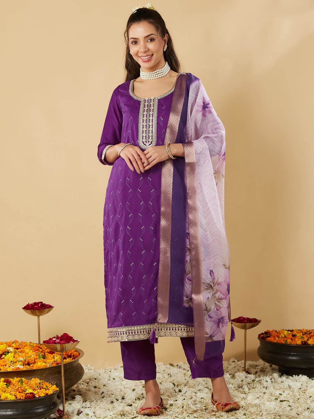 

J Turritopsis Floral Embroidered Sequinned Kurta With Trousers & Dupatta, Violet