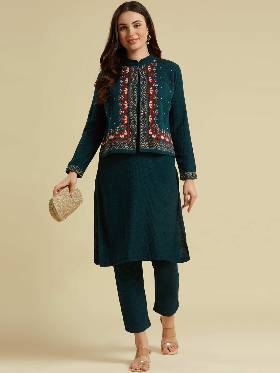 

Peachmode Ethnic Motifs Thread Work Pure Wool Kurta with Trouser, Teal