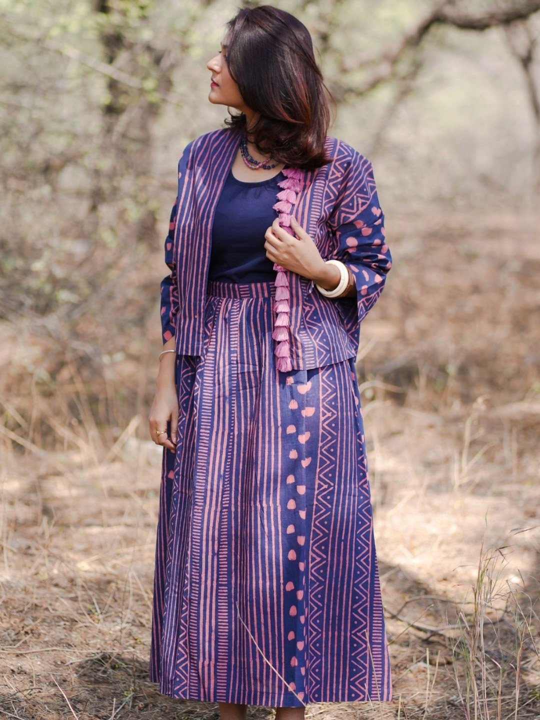 

SASSY SAJJA Women Geometric Printed Pure Cotton Flared Maxi Skirts, Blue