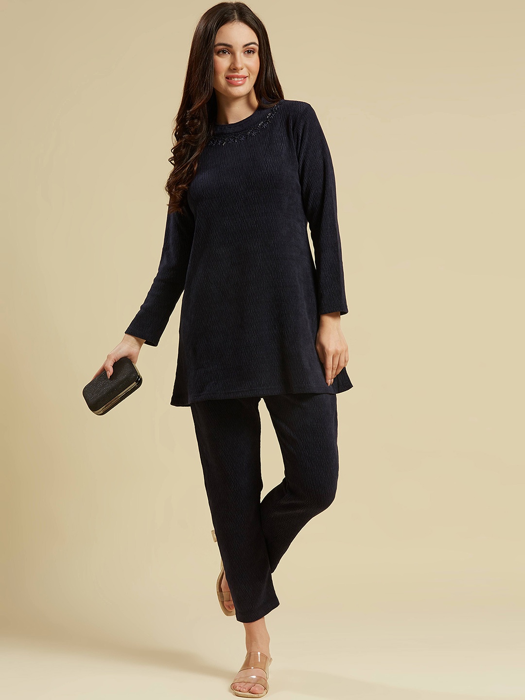 

Peachmode Woven Design Beads and Stones Pure Wool Kurti with Trouser, Navy blue