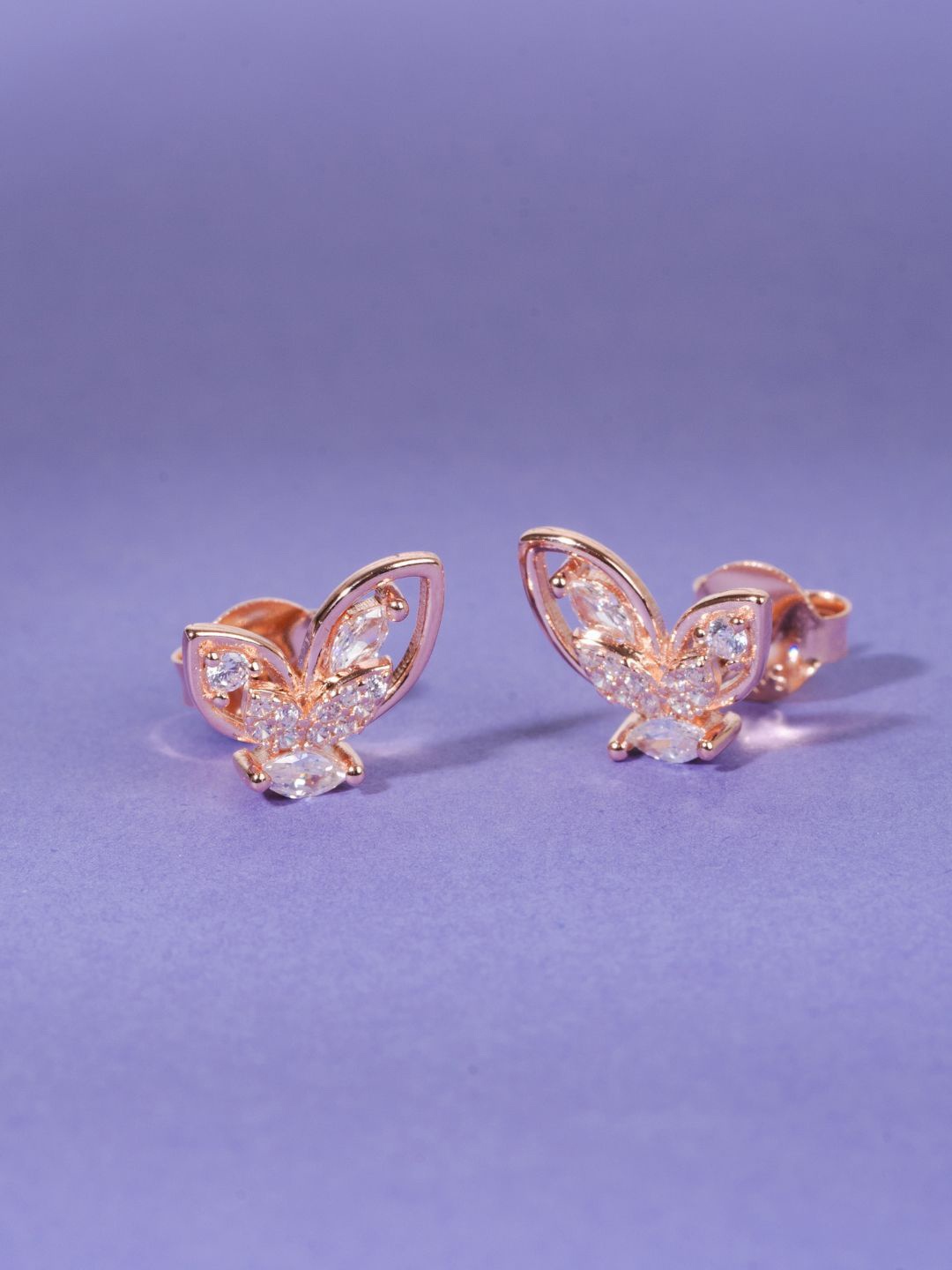 

GLYTERS Rose Gold Plated Zircon Studded Butterfly Stud Earrings