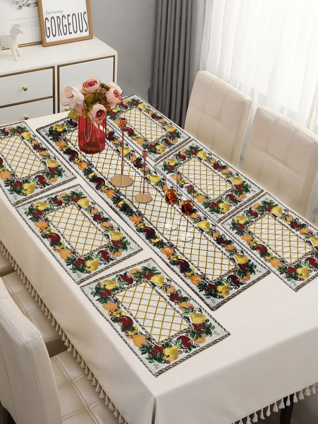 

ANA 7 Pcs Beige & Red Printed Table Place Mats, Yellow