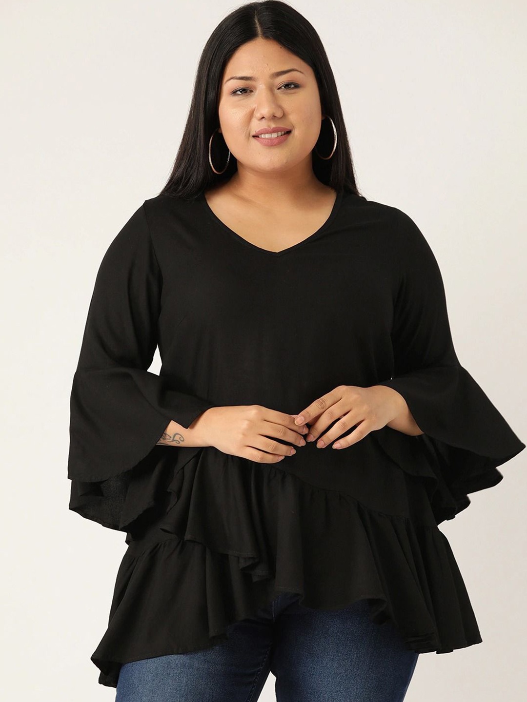 

theRebelinme Plus Size Bell Sleeve Ruffles A-Line Top, Black