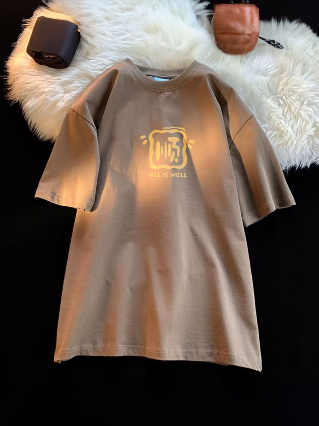 

HERE&NOW Men Typography Printed Round Neck Cotton Oversized T-shirt, Khaki