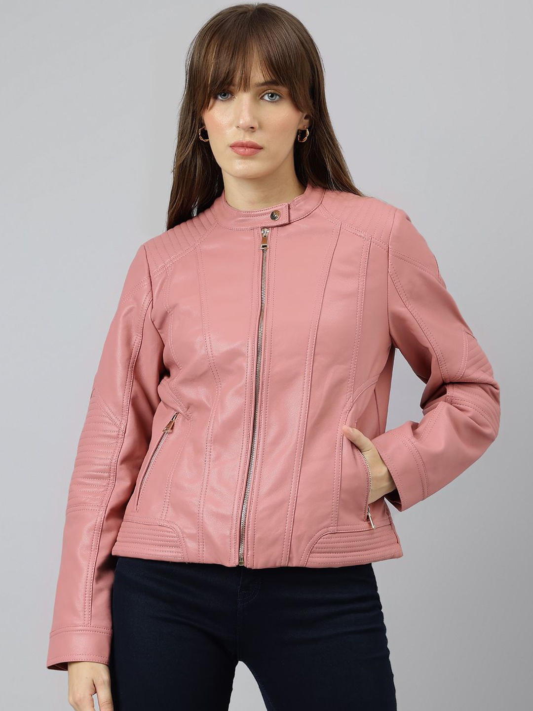 

Latin Quarters Women Mandarin Collar Solid Casual Biker Jacket, Pink