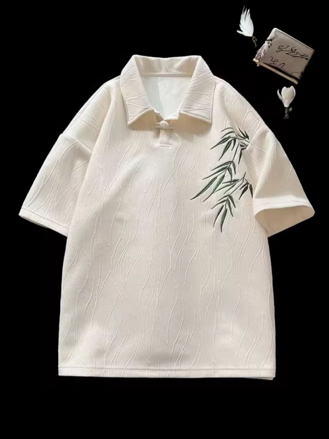 

HERE&NOW Men Floral Printed Polo Collar Oversized T-shirt, White