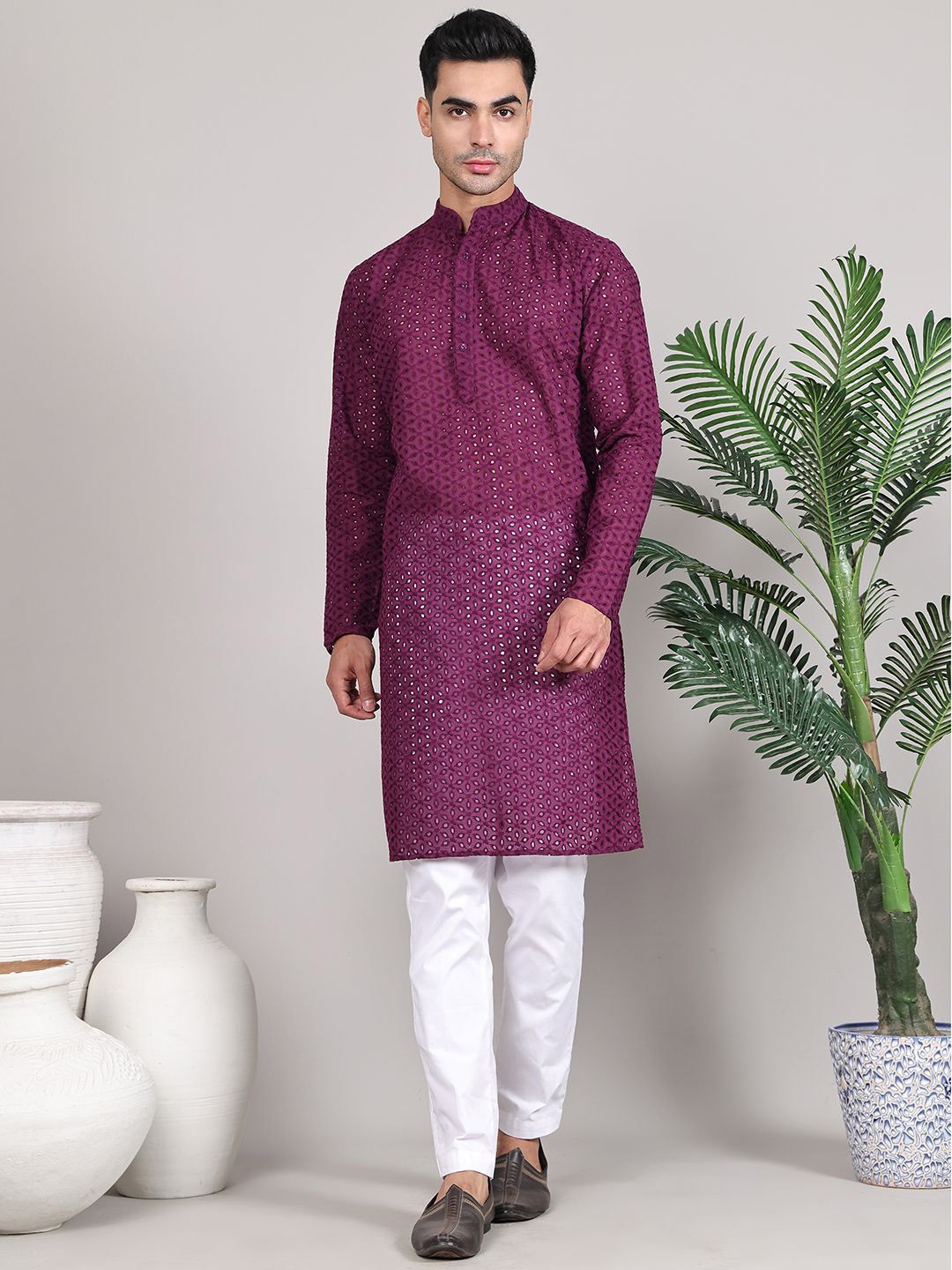 

Majestic Man Ethnic Motifs Embroidered Regular Straight Kurta, Purple