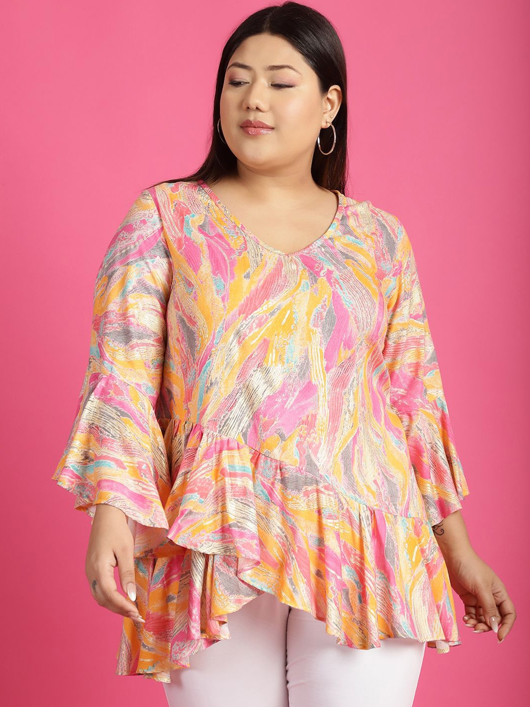 

theRebelinme Women Plus Size Floral Print Bell Sleeve Ruffles Top, Pink