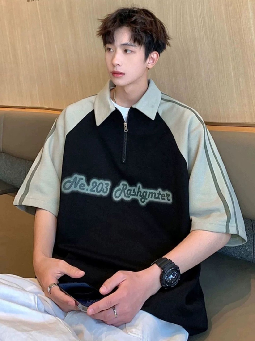 

HERE&NOW Men Typography Printed Polo Collar Oversized T-shirt, Black