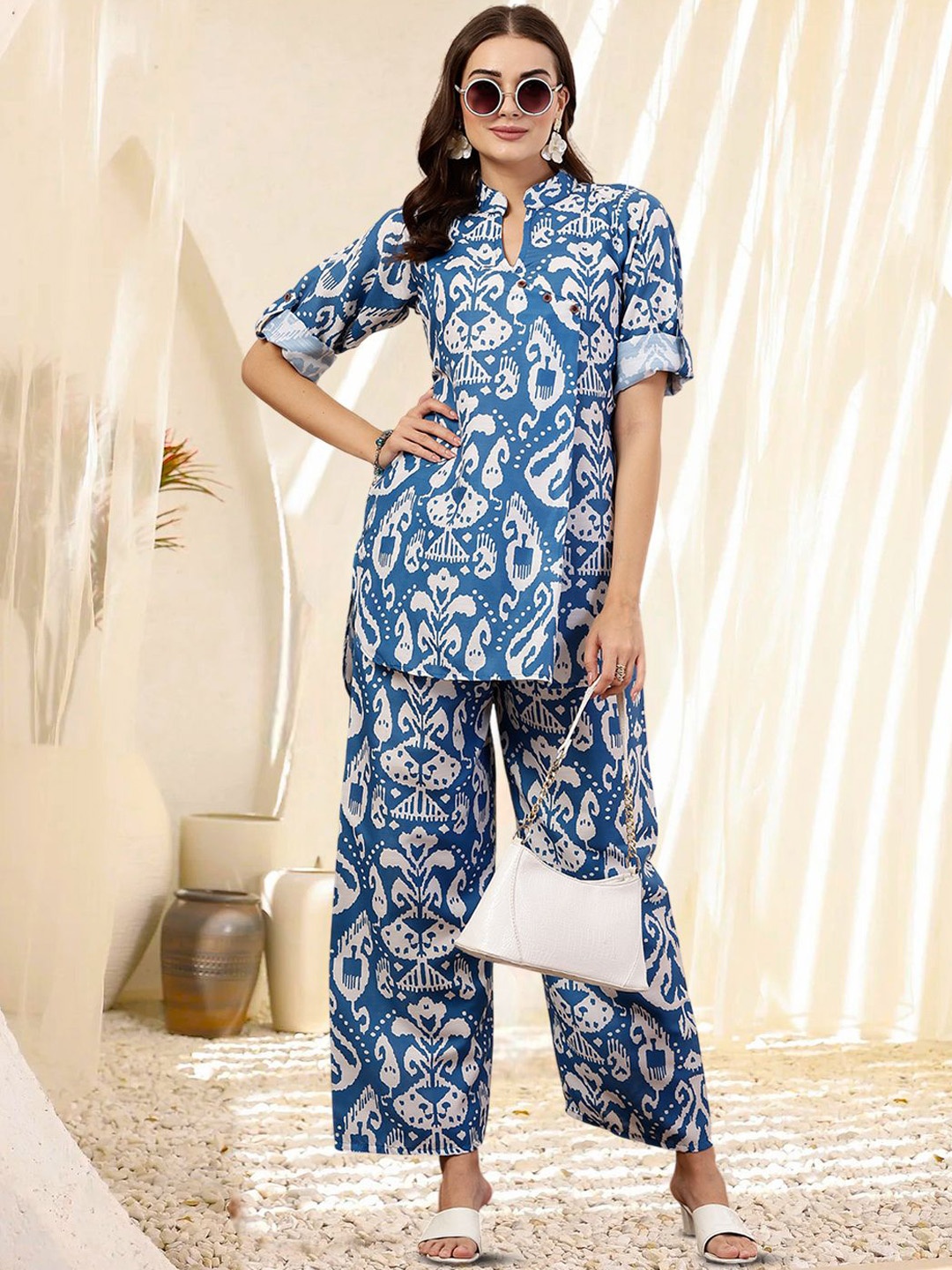 

BAESD Floral Printed Mandarin Collar Tunic With Palazzos, Blue