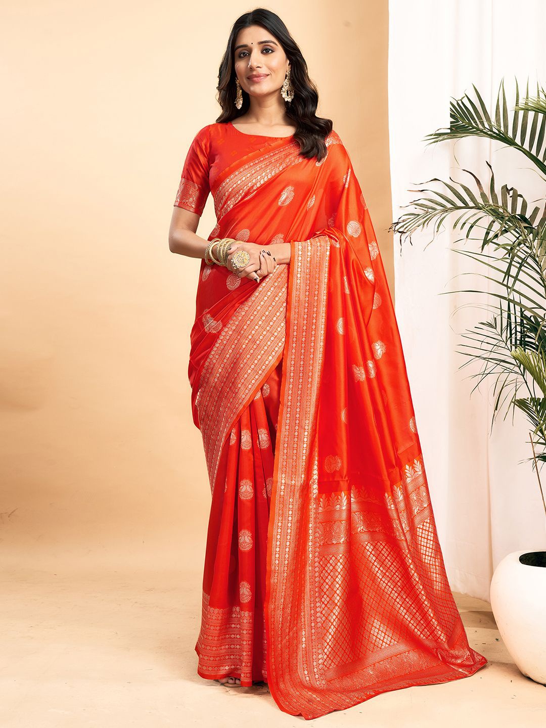 

KALINI Ethnic Motifs Woven Design Zari Banarasi Saree, Orange