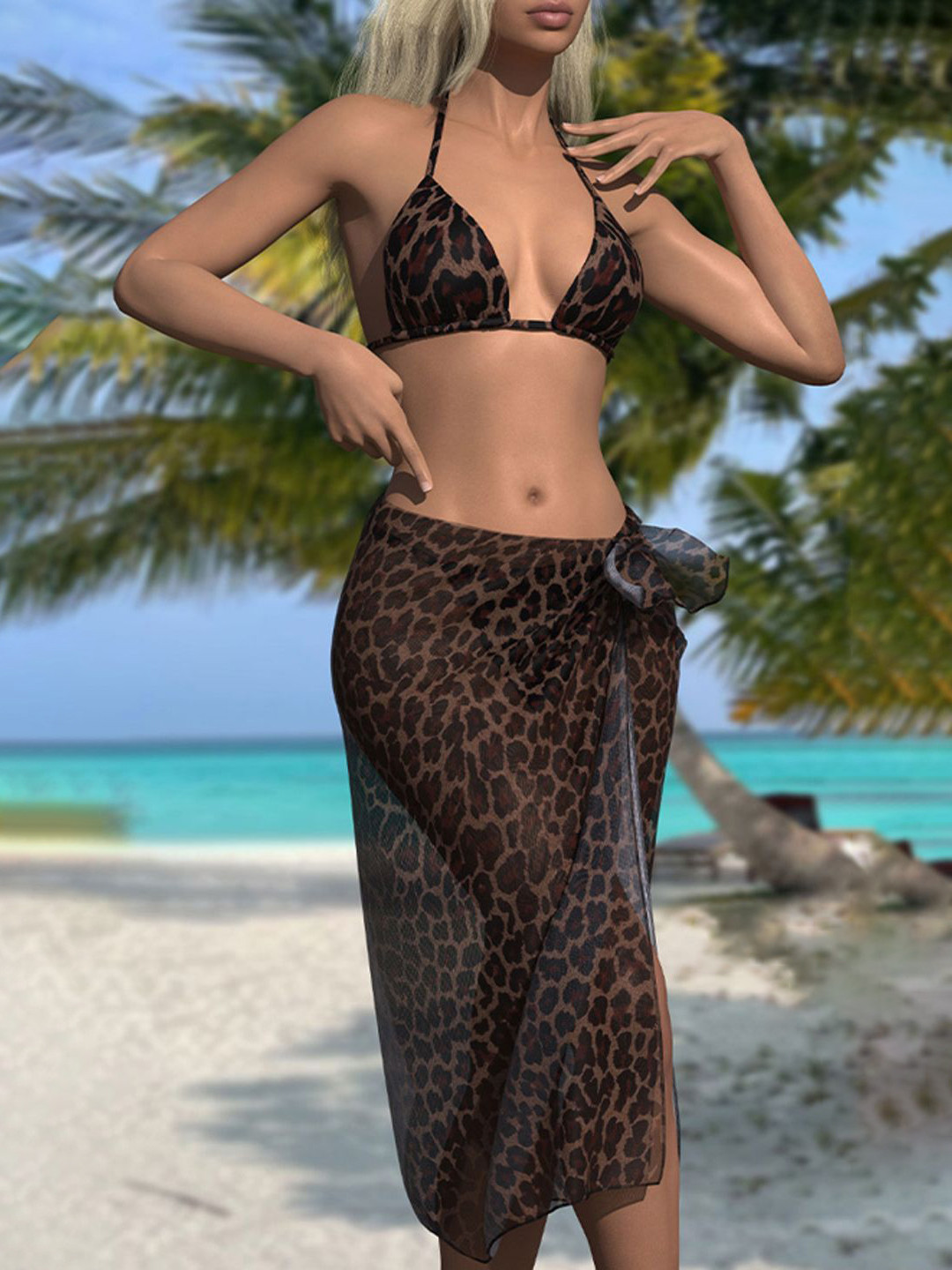 

Plus Curvves Animal Printed Halter Neck 3 Pieces Swimwear Cover Up Set, Brown