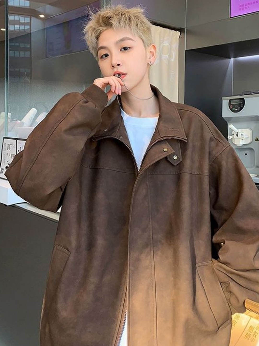 

HERE&NOW Men Mandarin Collar Solid Leather Casual Leather Jacket, Brown