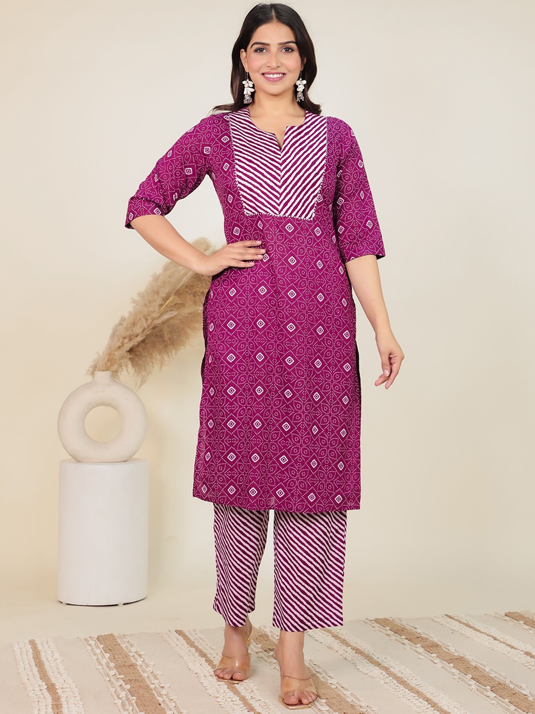 

Aramya Bandhani Printed Regular Gotta Patti Pure Cotton Straight Kurta with Trousers, Purple