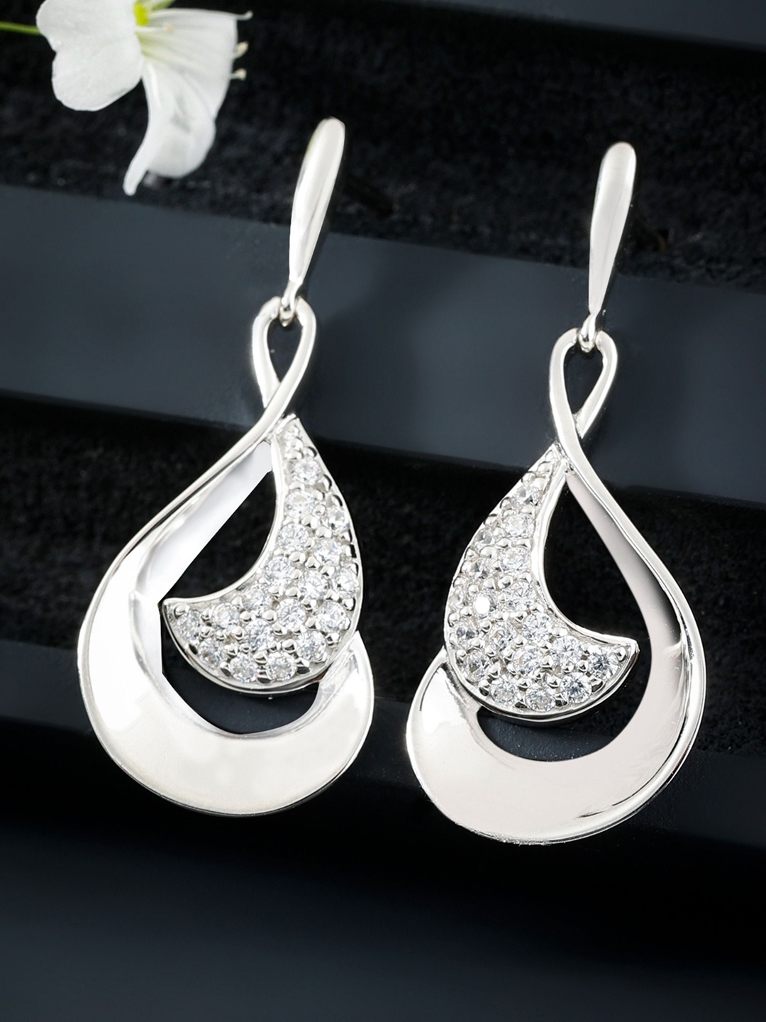 

DIAVO Rhodium-Plated 925 Sterling Silver Cubic Zirconia Contemporary Drop Earrings