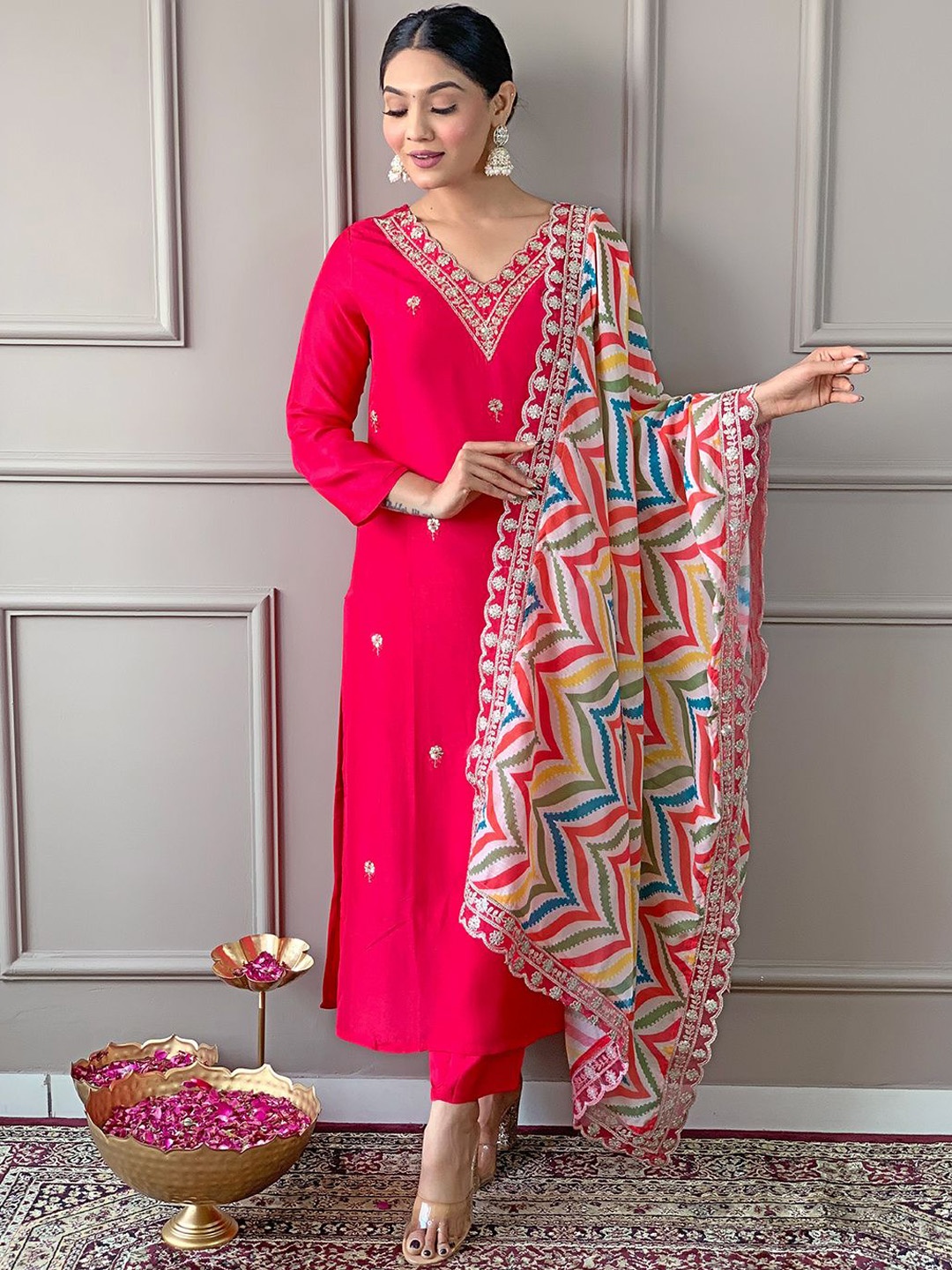 

KALINI Floral Embroidered V-Neck Straight Kurta With Trousers & Dupatta, Pink