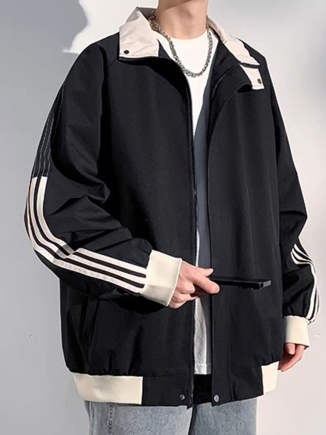 

HERE&NOW Men Spread Collar Striped Casual Bomber Jacket, Black