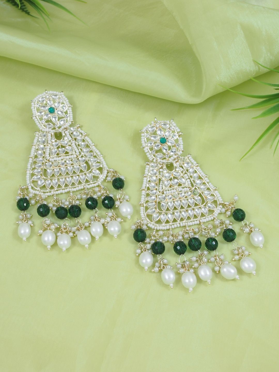 

I Jewels Gold-Plated Pearls Beaded Contemporary Chandbali Earrings, Green