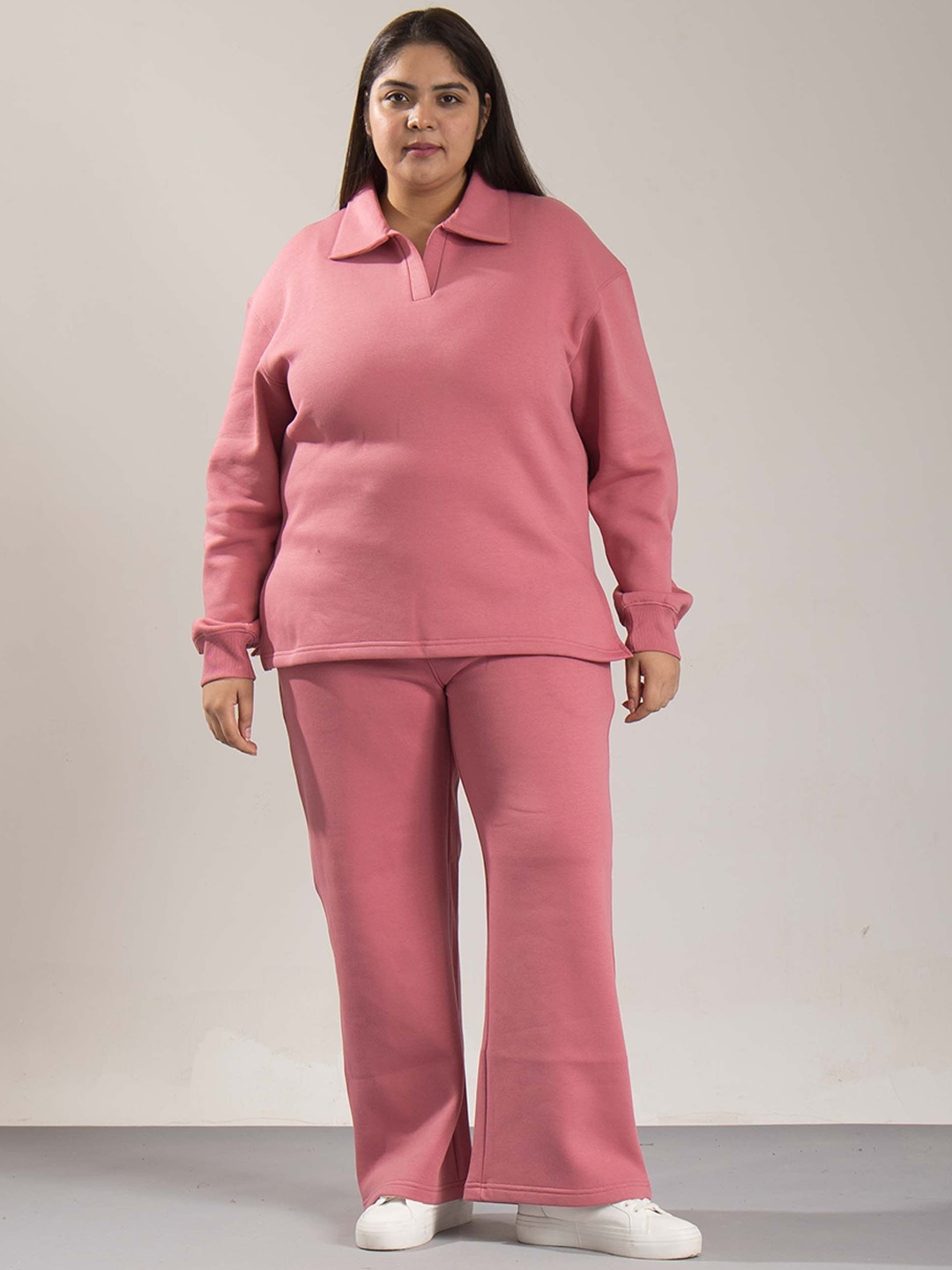 

ONEWAY Women Plus Size Polo Collar Mid Rise Tracksuit, Pink