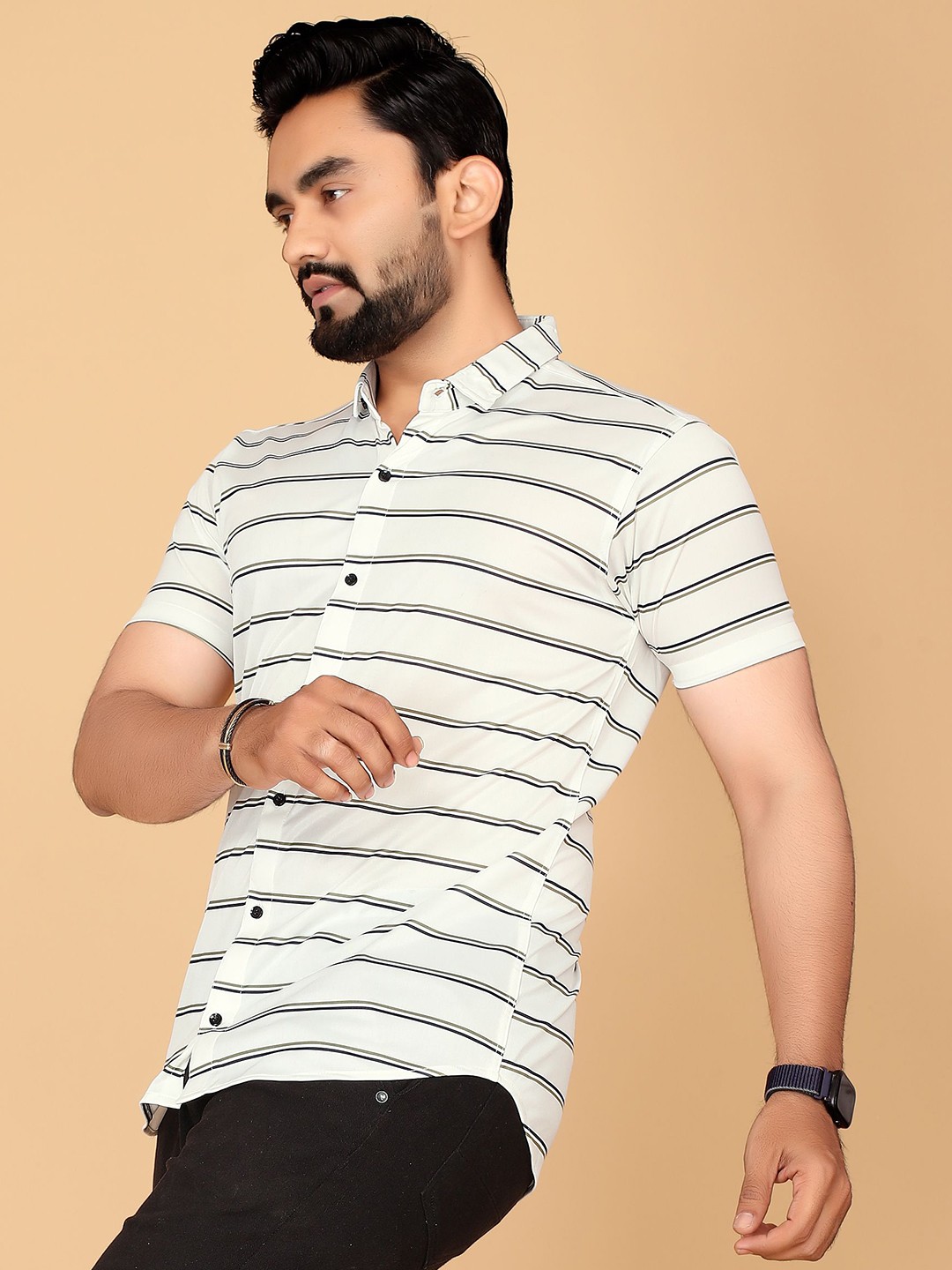 

STI Men Classic Spread Collar Horizontal Striped Casual Shirt, White